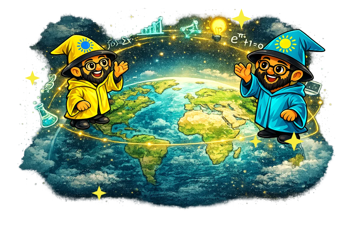 Central Asian AI researchers collaborating internationally around a shared research map.